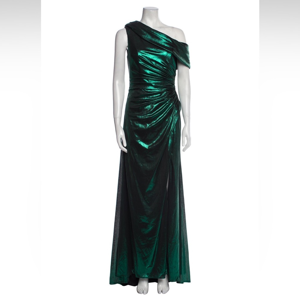 Ieena Mac Duggal Off Shoulder Metallic Green Gown 2